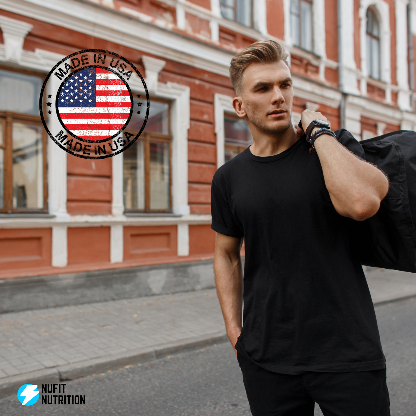 NuFit Men Black Tshirt - Short Sleeve Dri Power Soft Cotton Tee - Crew Neck Shirt, Classic Fit Unisex Design, Size M - 1 Pack