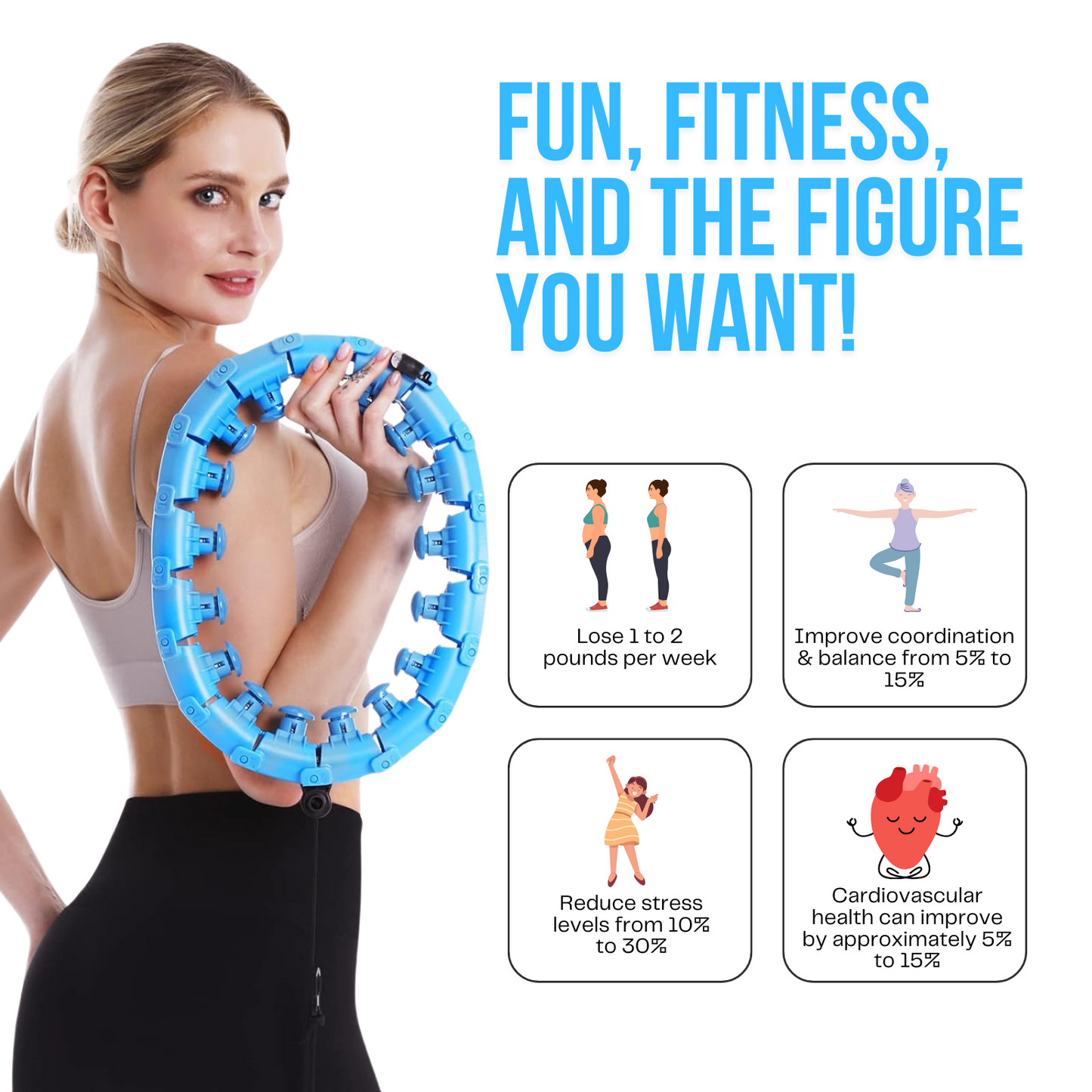 NuFit Smart Weighted Hula Fit Hoop for Adult Weight Loss, 2 in 1 Fitness Ring for Women Abdomen Workouts, 24 Detachable Knots with 360 Degree Auto-Spinning