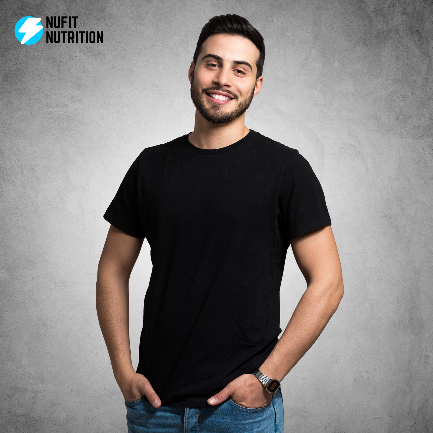 NuFit Men Black Tshirt - Short Sleeve Dri Power Soft Cotton Tee - Crew Neck Shirt, Classic Fit Unisex Design, Size M - 1 Pack