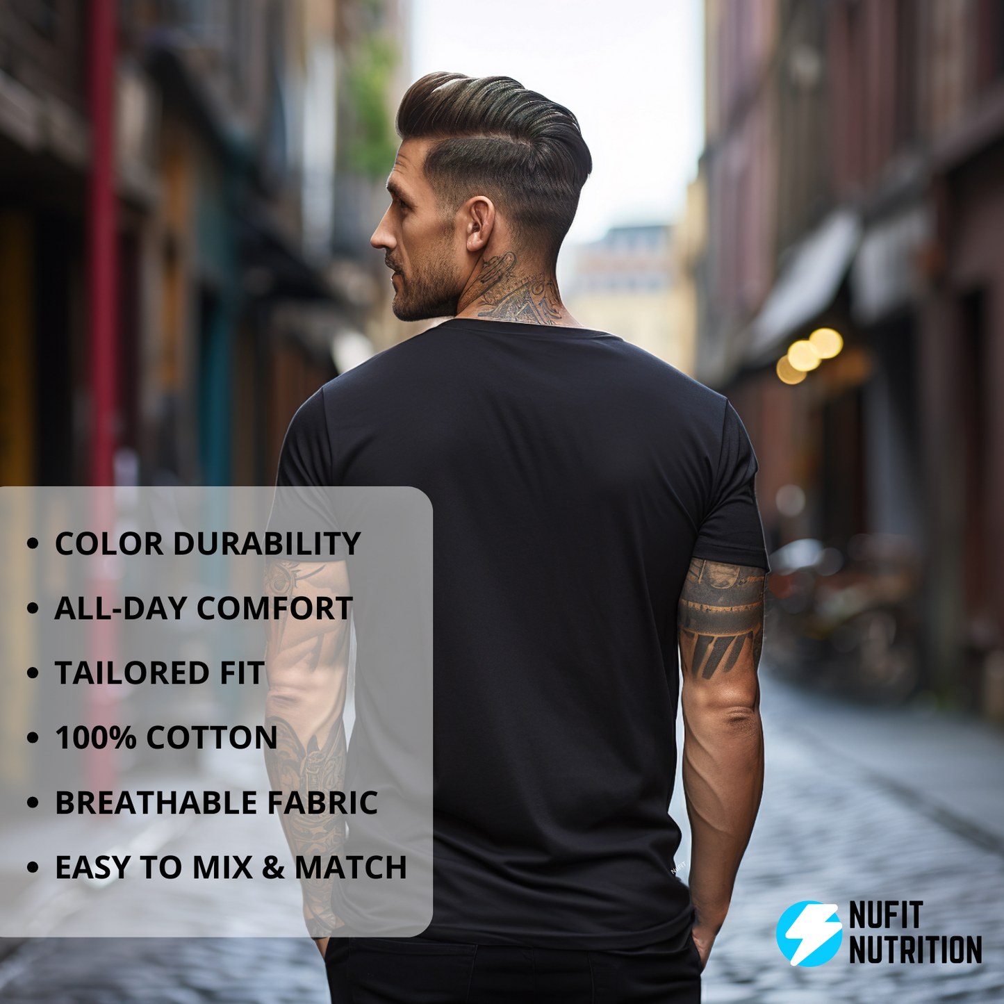NuFit Men Black Tshirt - Short Sleeve Dri Power Soft Cotton Tee - Crew Neck Shirt, Classic Fit Unisex Design, Size M - 1 Pack