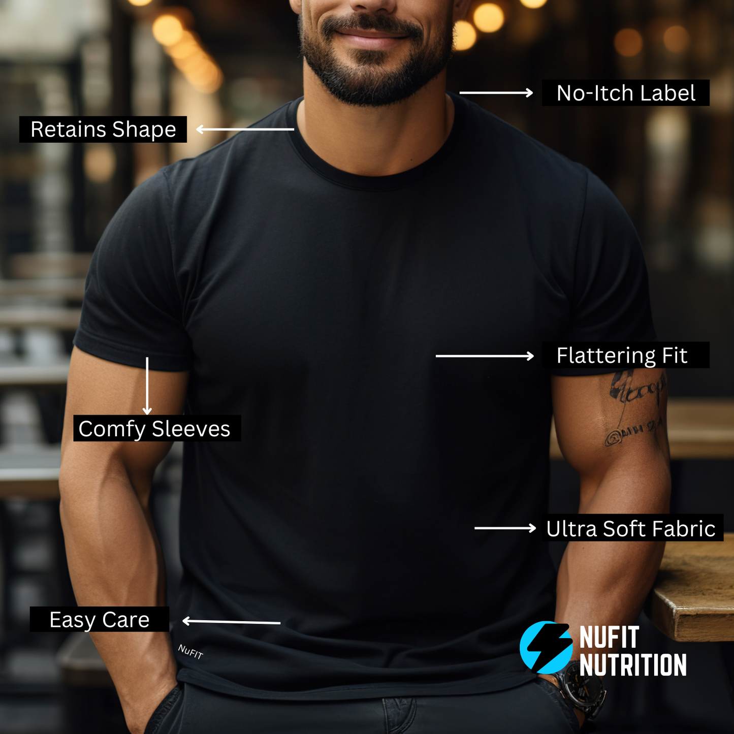 NuFit Men Black Tshirt - Short Sleeve Dri Power Soft Cotton Tee - Crew Neck Shirt, Classic Fit Unisex Design, Size M - 1 Pack