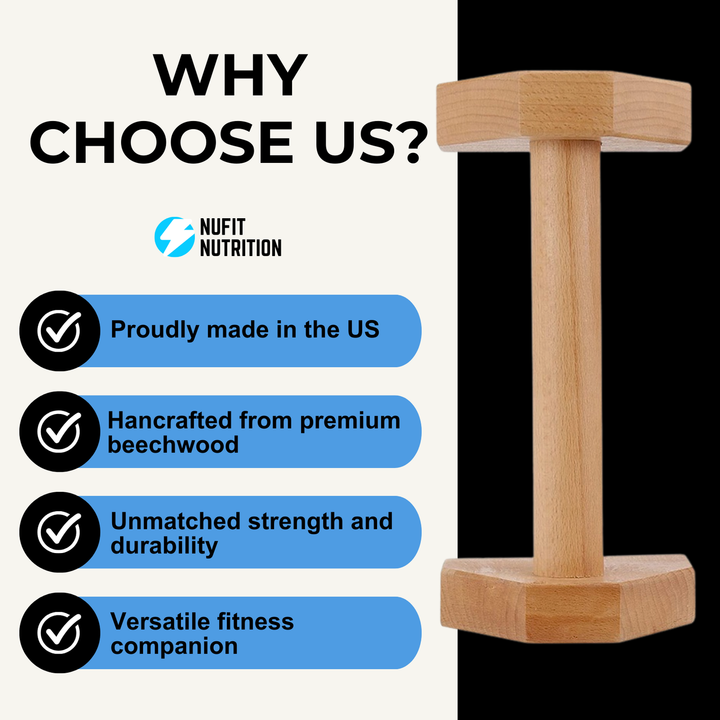 NuFit Premium Beech Wood Parallettes Push Up Bars, Resistant & Non-Slip Calisthenics Gear Adaptable to Any Surface, Wrists-Joint Supportive Push Up Stands for Home or Gym Workouts, Pack Of 2